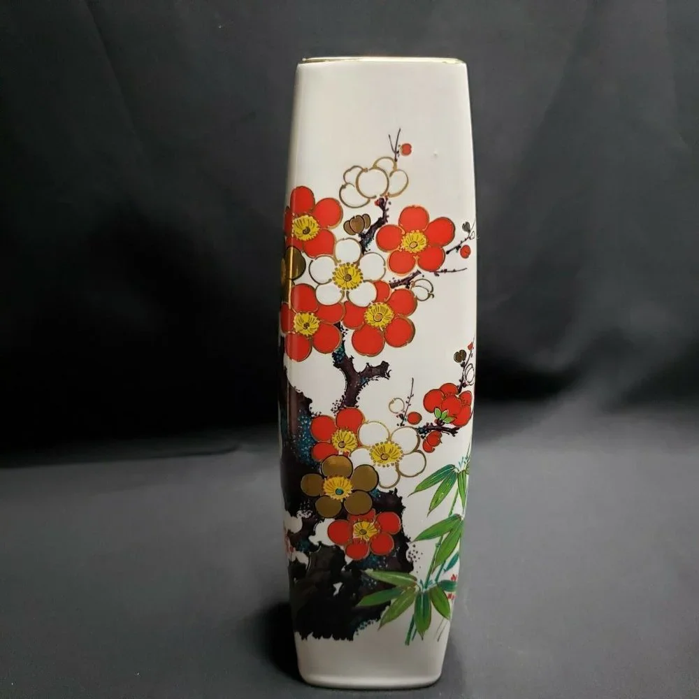 Vintage Floral Bud Vase 9" Porcelain Made In Japan Gold Red Blossoms - Picture 4 of 7